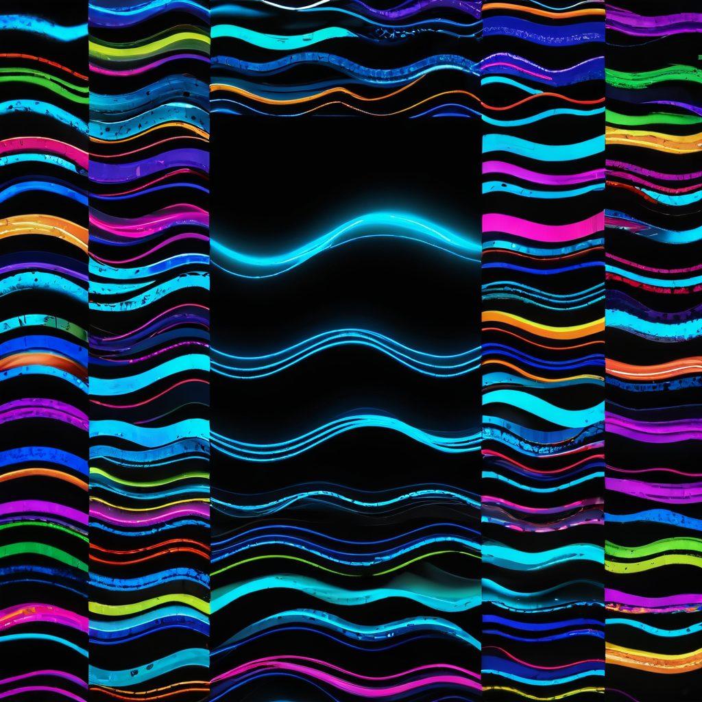 A collage showcasing a variety of blurred computer screens displaying adult content, overlayed with an abstract wave design symbolizing exploration. Include a magnifying glass to represent the search for the best material. The background features a dark, moody ambiance with neon accents to evoke a sense of digital discovery. super-realistic. vibrant colors. 3D.
