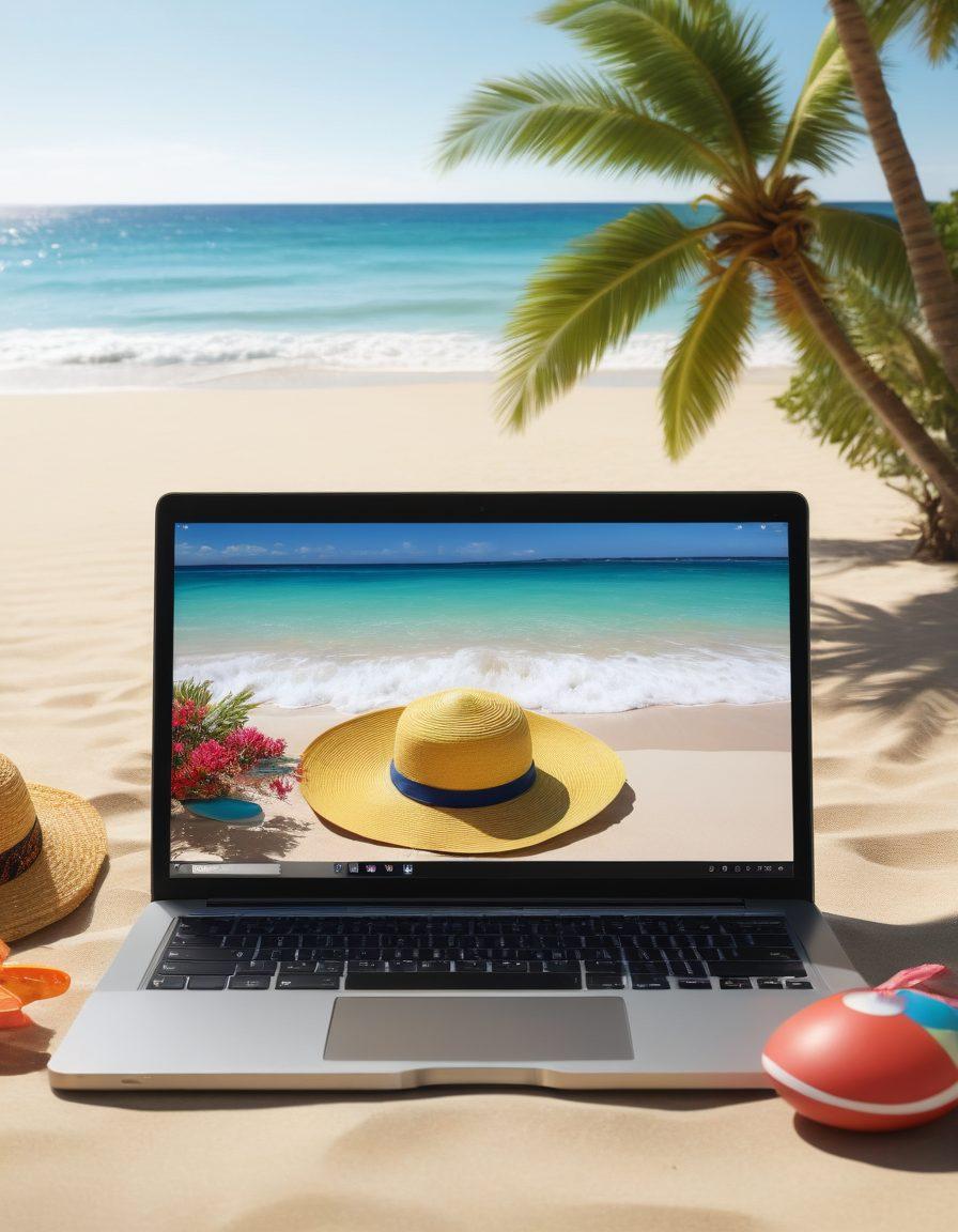 A serene beach scene with a computer and beach accessories scattered on the sand, symbolizing online surfing. The screen displays a simple, user-friendly search bar for explicit materials, surrounded by tropical plants and a calming ocean in the background. Bright sunlight casts inviting shadows, evoking a sense of safety and relaxation in digital exploration. A hint of waves flowing gently nearby enhances the tranquil atmosphere. vibrant colors. super-realistic.